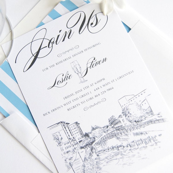 Greenville Skyline Rehearsal Dinner Invitations, South Carolina, SC, Rehearse, Wedding (set of 25 cards)