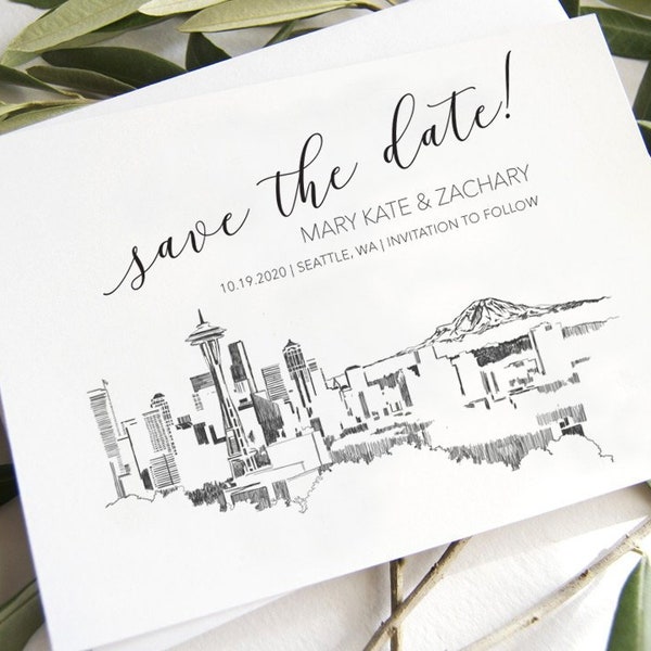 Seattle Skyline Save the Dates, Save the Date Cards, STD, Washington Skyline, Seattle Wedding  (set of 25 cards)