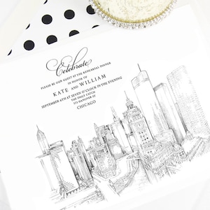 Chicago Skyline Rehearsal Dinner Invitation: Hand-Drawn Wedding Invites (Set of 25)