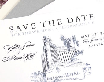 Four Seasons Resort Las Vegas Wedding Save the Date Cards, Save the Dates, Vegas Skyline, Hand Drawn (set of 25 cards and envelopes)