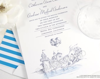 May include: Wedding invitation with a blue and white striped envelope. The invitation features a hand-drawn illustration of a castle with a heart above it. The text reads "Together with their families Catherine Anne Chase and Andrew Michael Anderson invite you to attend the magical celebration of their marriage on the first of May two thousand seventeen two o'clock in the afternoon Hotel Del Coronado Coronado, California Reception to follow 2016 MAGICWAND All Rights Reserved Registered with the Library of Congress".