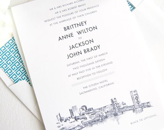 Sacramento Skyline Wedding Invitation, Sacramento Wedding, Sacramento Invite,  (Sold in Sets of 10 Invitations, RSVP Cards + Envelopes)