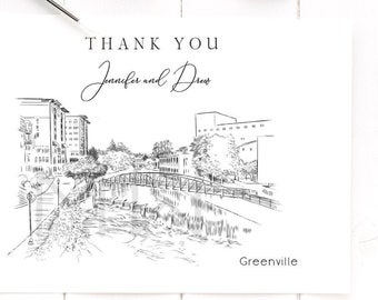 Greenville Skyline Thank You Cards, Personal Note Cards, Bridal Shower Thank you Card Set, Corporate Thank you Cards (set of 25 cards)