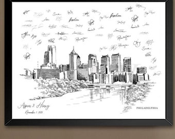 Philadelphia Wedding Guestbook Sign: Hand-Drawn Skyline Art