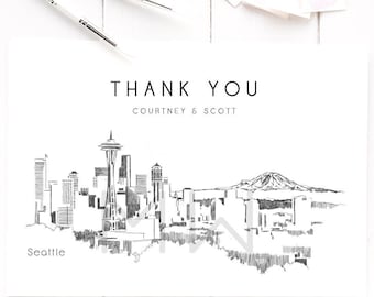 Seattle Skyline Thank You Cards: Personalized Note Card Set