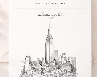 May include: A white save the date card featuring a black ink sketch of the New York City skyline. The text reads: save the date for DAISY + ROBERT, SEPTEMBER 3, 2026, NEW YORK, NEW YORK, and invitation to follow. The card is centered on an envelope.