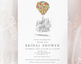 UP House Bridal Shower Invitations, UP, Balloons,  Fairytale Wedding, Disney bridal shower, Hand Drawn (set of 25 cards & envelopes)