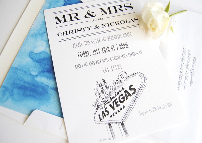 set of 25 cards Las Vegas Sign Skyline Rehearsal Dinner Invitations