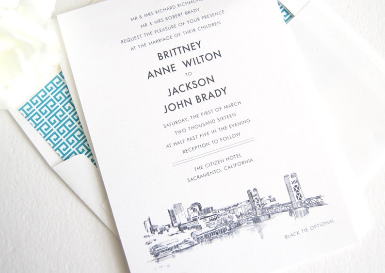 Sacramento Skyline Wedding Invitation, Sacramento Wedding, Sacramento Invite, Sold in Sets of 10 Invitations, RSVP Cards Envelopes image 1