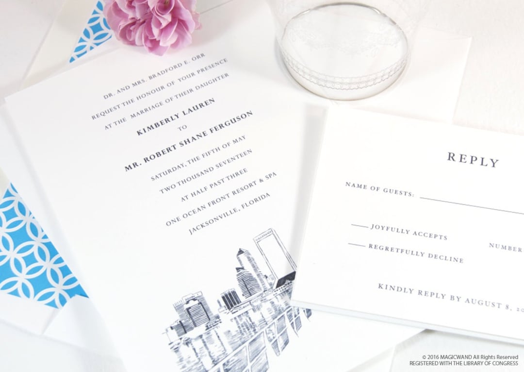 Jacksonville, Florida Skyline Wedding Invitation Package sold in Sets