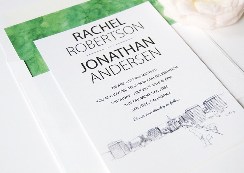San Jose Skyline Wedding Invitation Package Sold in Sets of 10 Invitations, RSVP Cards Envelopes image 1