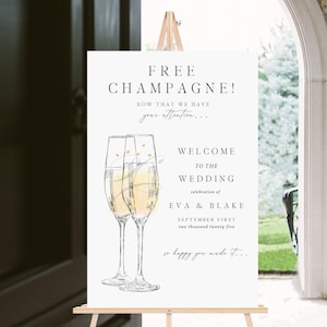 Wedding Welcome Sign Free Champagne, Hand Drawn, Modern Wedding Welcome Sign, Rat Pack theme, Unique Welcome Sign, Welcome Engagement Party