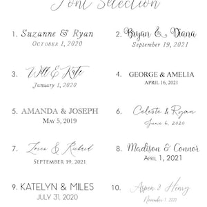 May include: A black and white font selection chart featuring ten numbered styles for names and dates. Each entry displays a pair of names and a date in various typography styles, ranging from elegant cursive scripts to clean, bold sans-serif lettering.