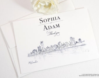 Milwaukee Skyline Wedding Thank You Cards, Personal Note Cards, Bridal Shower Thank you Cards (set of 25 cards)