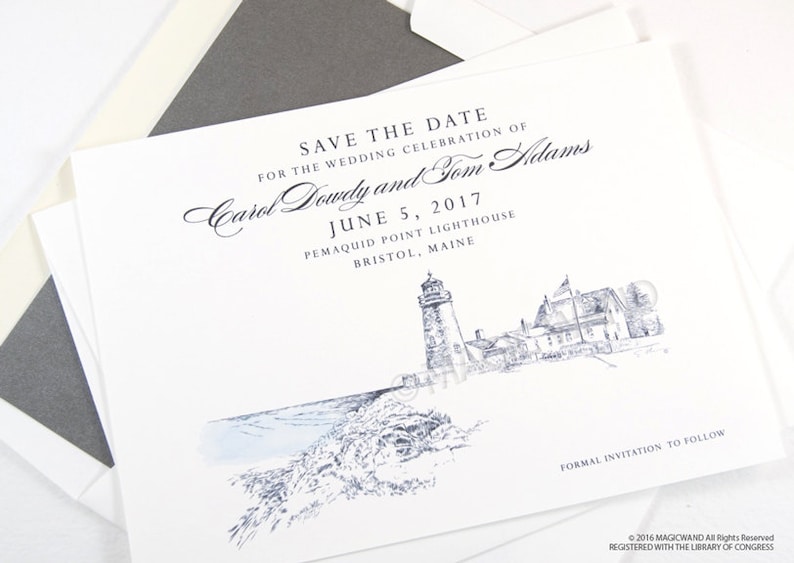 Pemaquid Point Lighthouse Wedding Save the Date Cards, Save the Dates, Bristol Maine Wedding, Hand Drawn set of 25 cards image 1