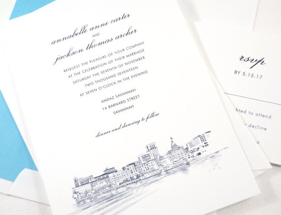 Savannah Skyline Wedding Invitation Savannah Destination Etsy