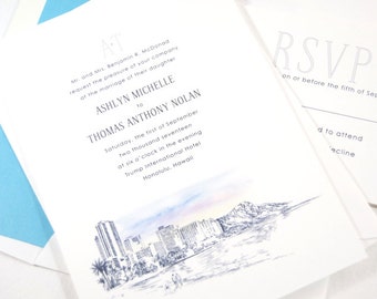 Hawaii Skyline Destination Wedding Invitations Package (Sold in Sets of 10 Invitations, RSVP Cards + Envelopes)