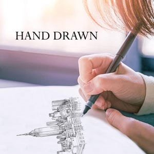 May include: A black ink pen creating a detailed architectural sketch of a city skyline on white paper. The text HAND DRAWN is printed in black capital letters above the drawing, which features a prominent skyscraper and various buildings.