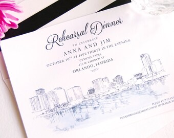 Orlando Skyline Rehearsal Dinner Invitation, Hand Drawn (set of 25 cards)