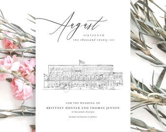 Marshall House Savannah Save the Date Cards: Venue Illustration