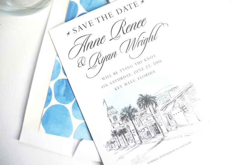 Key West Skyline Hand Drawn Save the Date Cards set of 25 cards