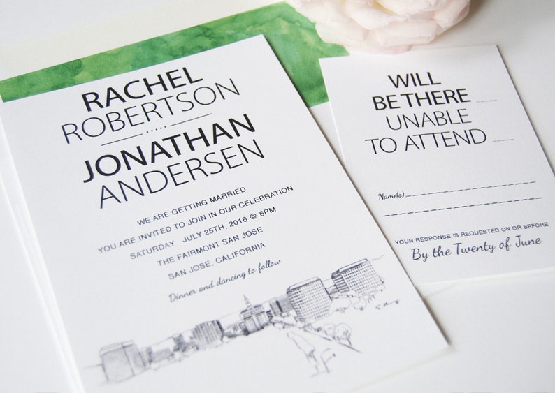 San Jose Skyline Wedding Invitation Package Sold in Sets of 10 Invitations, RSVP Cards Envelopes image 3