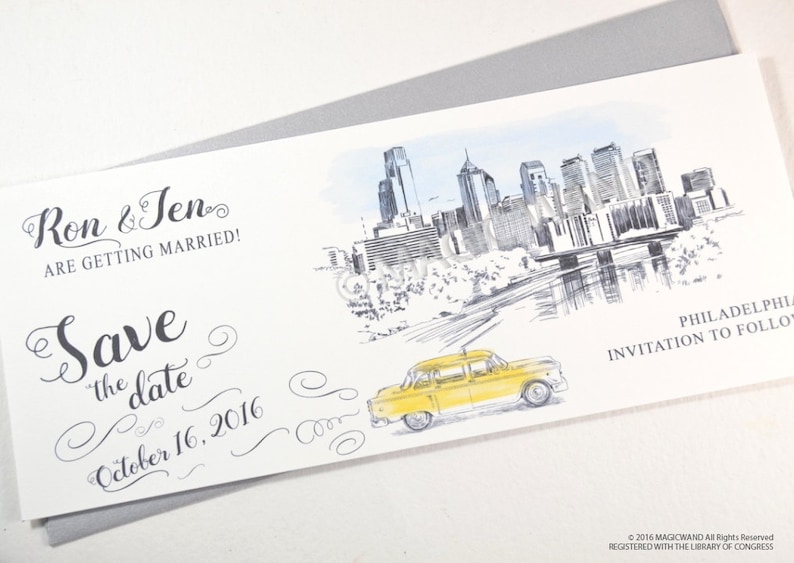 Taxi Watercolor set of 25 cards Philadelphia Skyline Whimsical Save the Date Cards Wedding