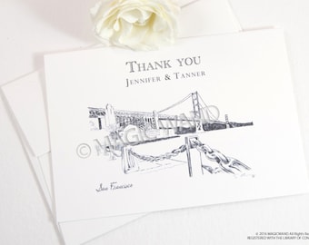 San Francisco Skyline Wedding Thank You Cards, Personal Note Cards, Bridal Shower Thank you Cards (set of 25 cards)