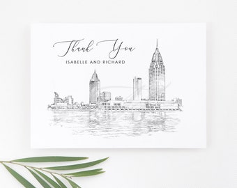 Mobile, AL Skyline Thank You Cards, Personal Note Cards, Bridal, Real Estate Agent, Corporate Thank you Cards, Alabama (set of 25 cards)