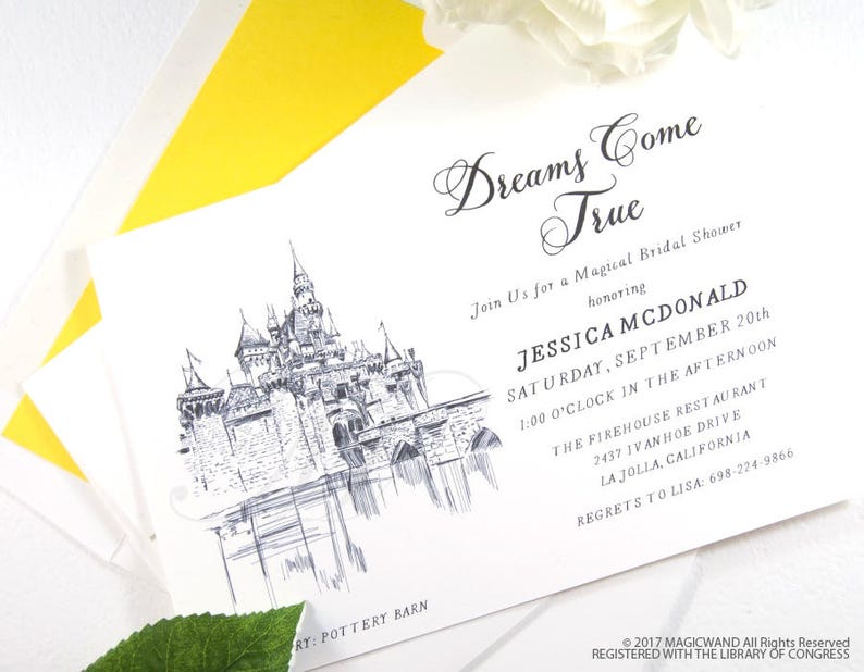 Disneyland Castle Bridal Shower Invitations, Fairytale Wedding, Disney, Hand Drawn set of 25 cards & envelopes image 1