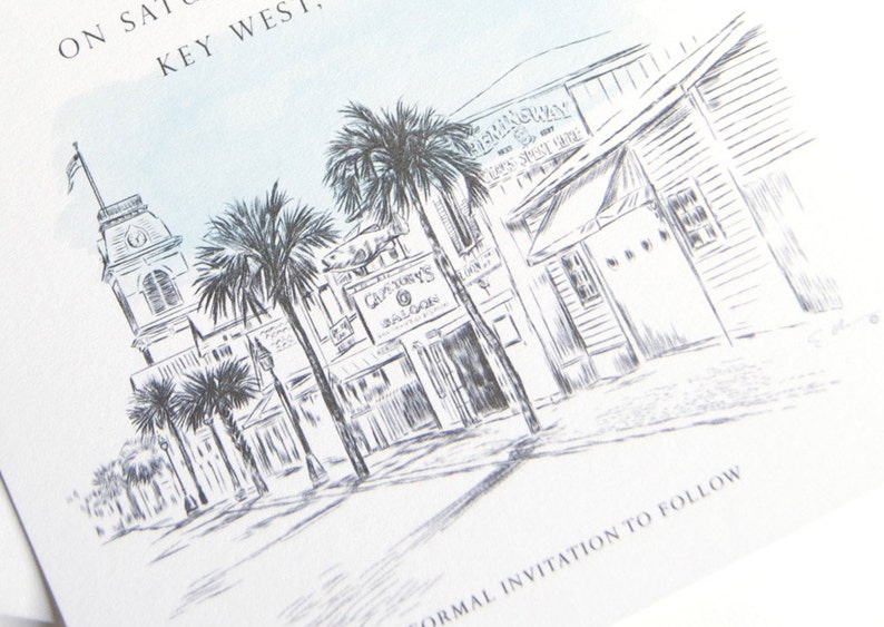 Key West Skyline Hand Drawn Save the Date Cards set of 25 cards