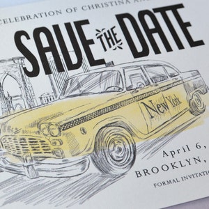 Brooklyn Bridge, New York Taxi Cab Watercolor, Skyline  Wedding Save the Date Cards (set of 25 cards)