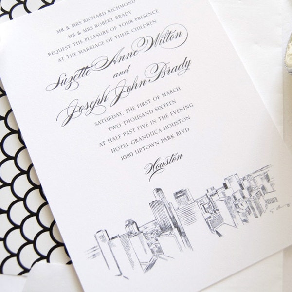 Paquete de invitaciones de boda Houston Skyline (se vende en conjuntos de 10 invitaciones, tarjetas RSVP + sobres)