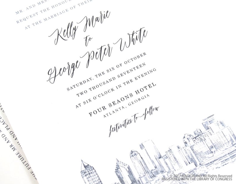 Atlanta Invite,Georgia Atlanta Wedding Sold in Sets of 10 Invitations, RSVP Cards + Envelopes Atlanta Skyline Wedding Invitation