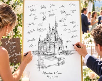 May include: A white guest book sign in a gold frame featuring a black ink sketch of a castle with a reflection, surrounded by handwritten signatures. The text reads Landen & Cera May 2, 2026. A separate wooden sign reads Please Sign Our Guest Book.