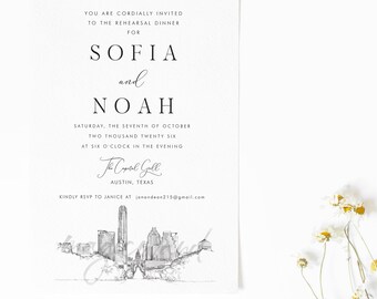 Austin Skyline Rehearsal Dinner Invitation, Texas, Wedding, Weddings, TX Wedding, Invite, Cards (set of 25 cards)