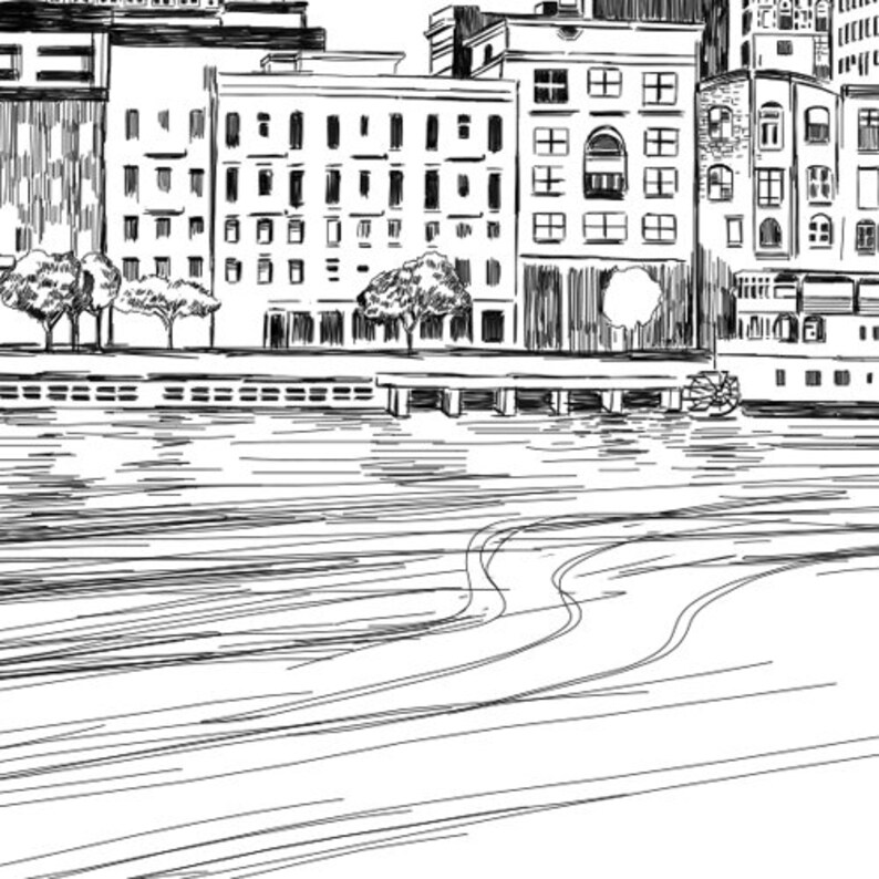 May include: A black and white ink drawing of a waterfront cityscape featuring multi-storey buildings with rectangular windows, a wooden pier extending into the water, and several trees along the bank. The water surface shows horizontal lines.