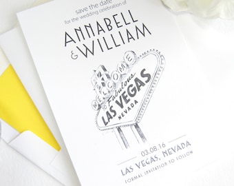May include: Save the date card for a wedding in Las Vegas. The card features a black and white illustration of the iconic "Welcome to Fabulous Las Vegas" sign. The text on the card reads "Save the date for the wedding celebration of Annabell & William. 03.08.16 Las Vegas, Nevada. Formal invitation to follow."