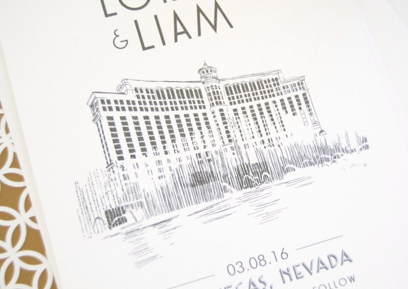 Las Vegas Bellagio Hotel Skyline Starry Night Hand Drawn Save the Date Cards set of 25 cards image 2