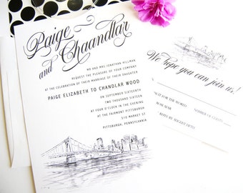 Pittsburgh Skyline Wedding Invitations Package (Sold in Sets of 10 Invitations, RSVP Cards + Envelopes)