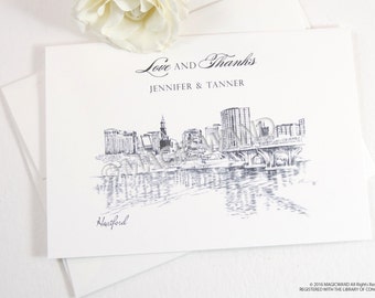 Hartford Skyline Wedding Thank You Cards, Personal Note Cards, Bridal Shower Thank you Cards (set of 25 cards)