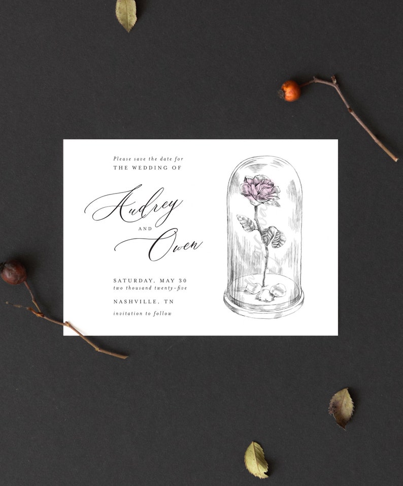 May include: Save the date card with a black and white illustration of a rose in a glass dome. The text reads "Please save the date for the wedding of Audrey and Owen, Saturday, May 30, two thousand twenty-five, Nashville, TN, invitation to follow."