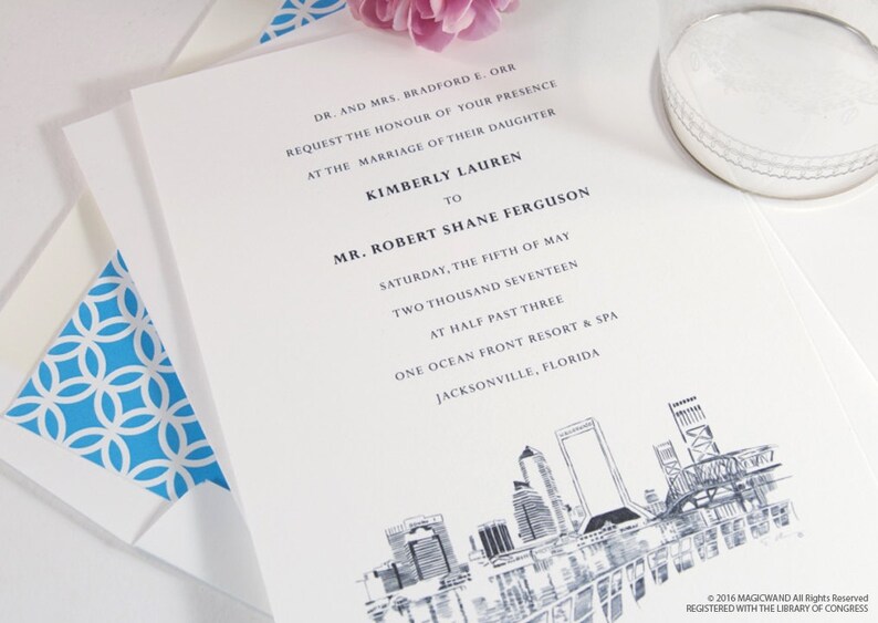 Jacksonville, Florida Skyline Wedding Invitation Package Sold in Sets of 10 Invitations, RSVP Cards Envelopes image 2