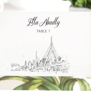 Boston Zakim Bridge View Skyline Place Cards, Placecards, Escort Cards, Wedding, Custom with Guests Names (Set of 25 Cards)