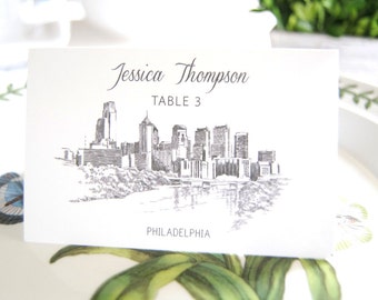 Philadelphia Skyline Hand Drawn Place Cards Personalized with Guests Names (Sold in sets of 25 Cards)