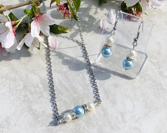 Elegant Pearl and Rhinestone Necklace Earring Jewelry Set Cinderella Blue and White, Wedding Set, Bridesmaid Set, Pearl Bridal Earrings