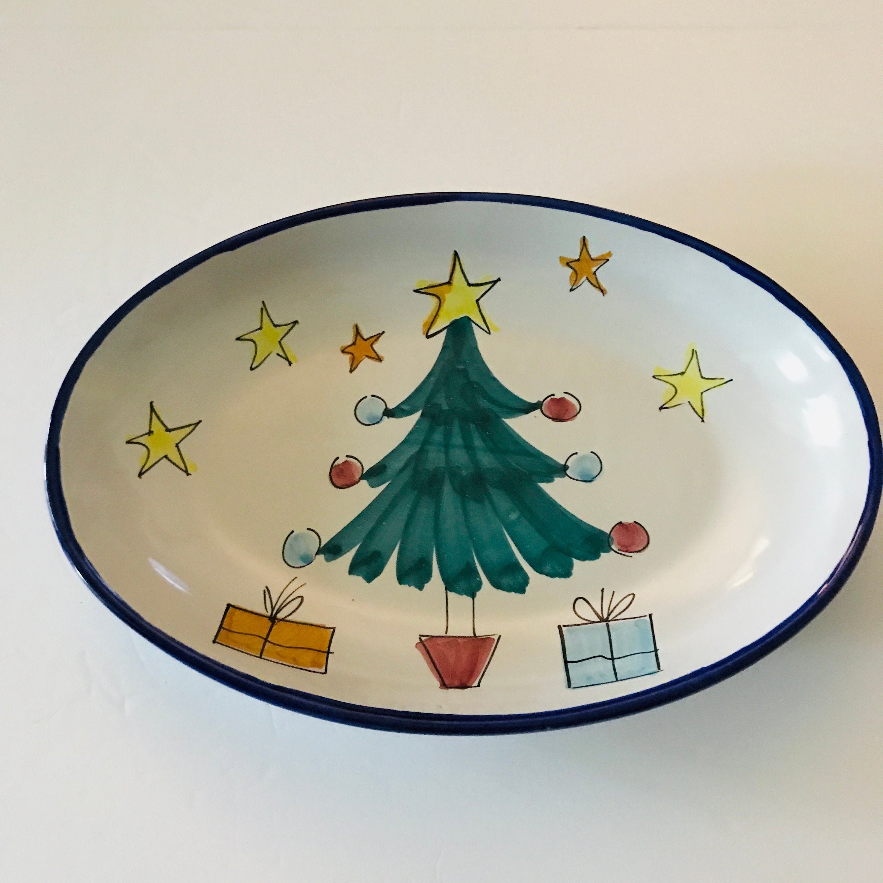 Vietri Christmas Tree Platter 16 Oval Blue Trim Etsy