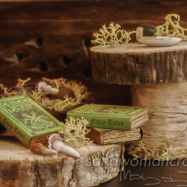 Miniature book "Celtic Fairy Tales", Dollhouse Miniatures 1/12 scale, 1 inch scale, paper cover, gold faux pages, green, ivy, knot, dragons