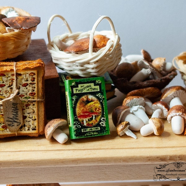 Set mushrooms or only dollhouse miniature book "Mushrooms" in 1/12 scale and/or stack of aged papers and three mushrooms. Library, desk, set