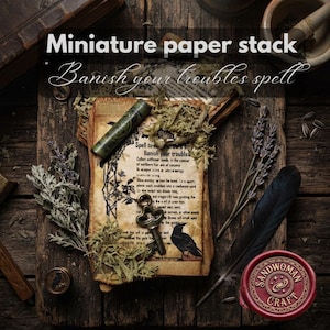 May include: A miniature paper stack titled Banish your troubles spell featuring aged parchment, a small metal key, dried lavender sprigs, green moss, a black feather, and a red wax seal with the text Sandwoman Craft on a dark wooden surface.